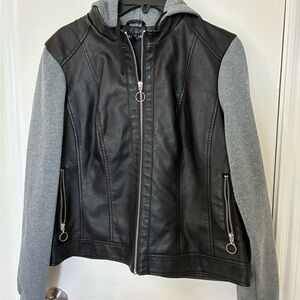 Baccini Black Faux Leather Jacket with Gray Sleeves and Hood